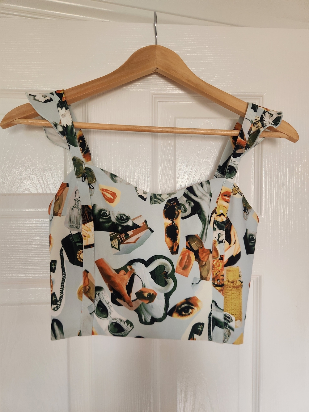 Sunday Best White Multicolor Collage Tie-Shoulder Crop Top